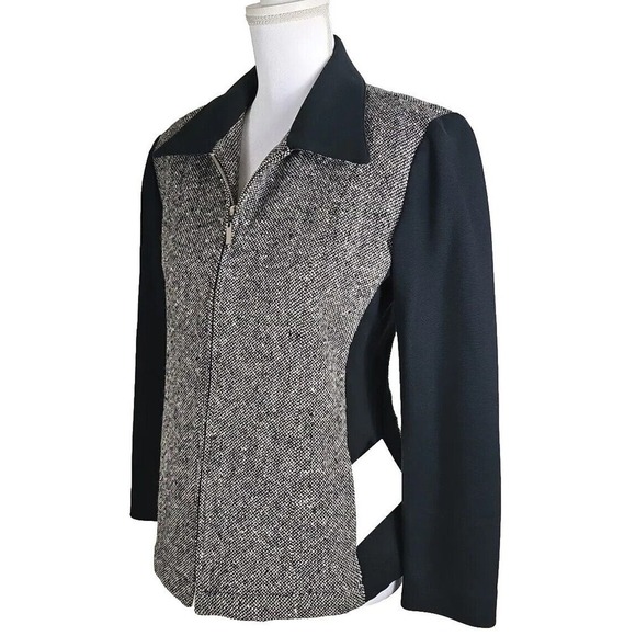 VNTG. LIZSPORT~Woman Sz 8 Petite~ Black/White 100% Wool Zip-Up Blazer Colorblock - Picture 10 of 12